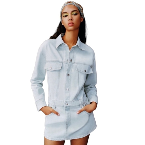 Zara Dresses & Skirts - NWT Zara Light Blue Denim Long Sleeve Short Dress Size M